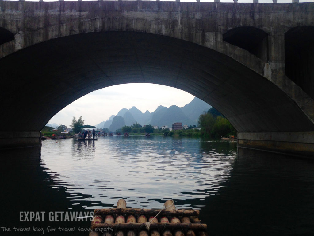 Cruising down the river on a bamboo raft in Yangshou