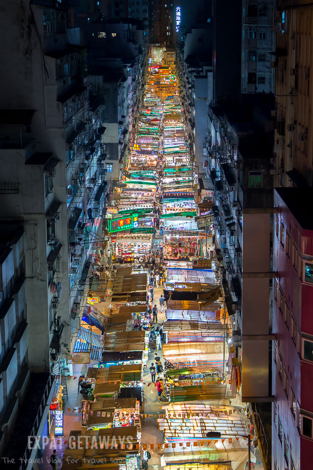 Shot over the top of the Temple Street Night Market in Hong Kong at Night